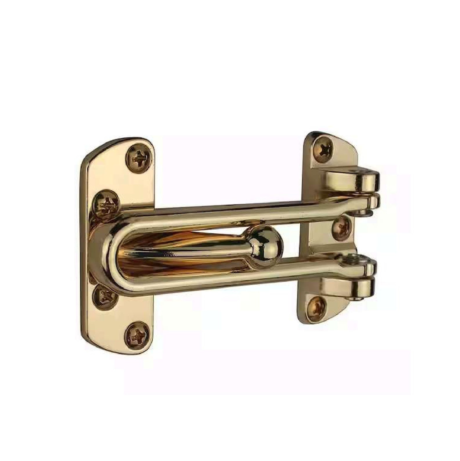 The G FORCE 87276 Fold Over Door Guard in a shiny brass finish features a swing bar design for enhanced door security, shown mounted on a white background.